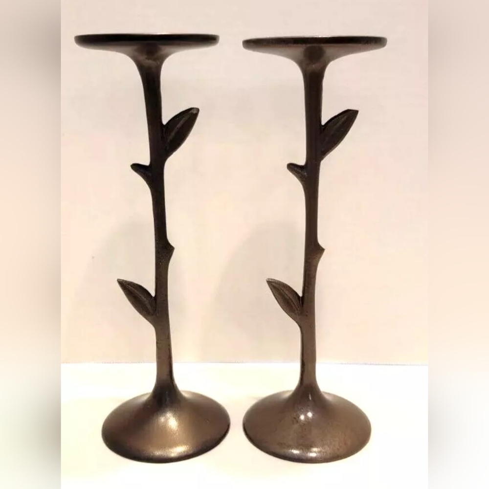 Tag Vintage Copper 10" Leaf Motif Pillar Candle Holders Set of Two